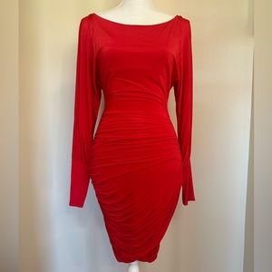 #bebe #reddress #stretchy #longsleevedress #frontslit